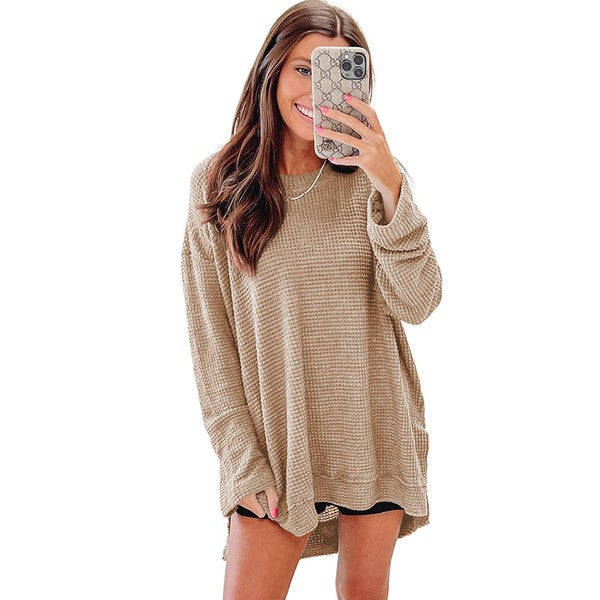 Waffle Knit High Slits Oversized Top