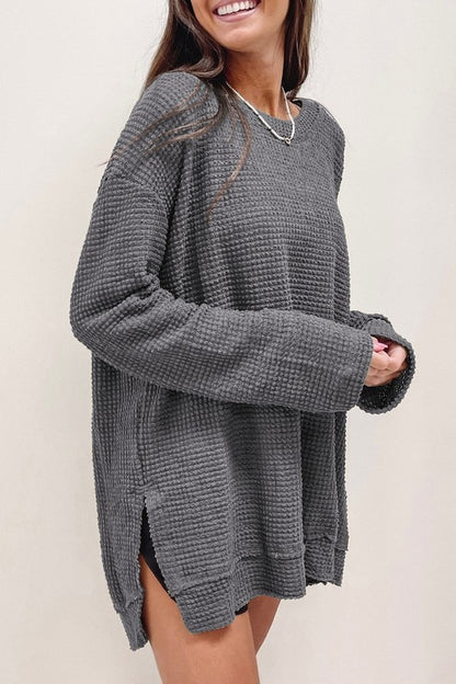 Waffle Knit High Slits Oversized Top