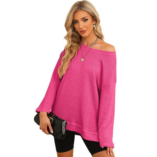 Waffle Knit High Slits Oversized Top