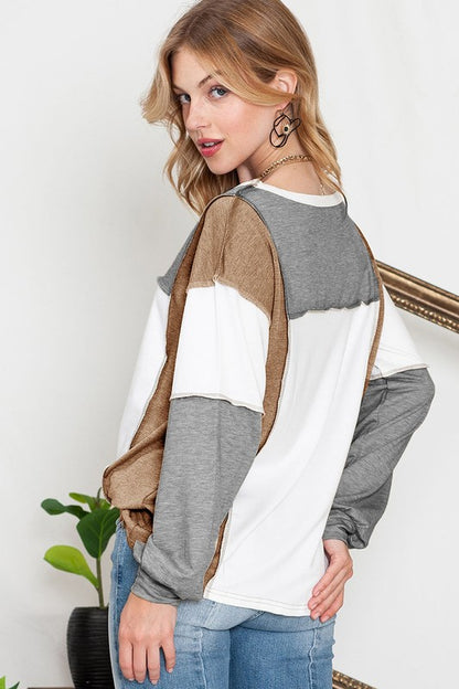 Exposed Seam Color Block Patchwork Long-Sleeved Top