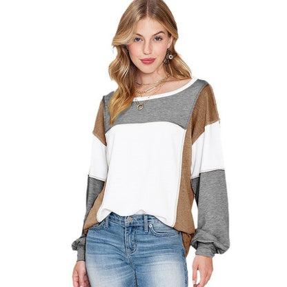 Exposed Seam Color Block Patchwork Long-Sleeved Top