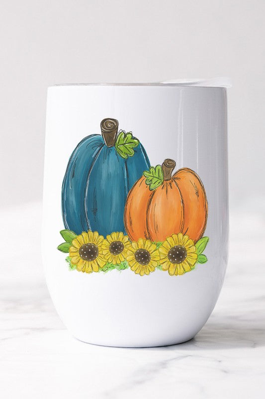 Fall Blue Orange Pumpkin Sunflower Wine Cup