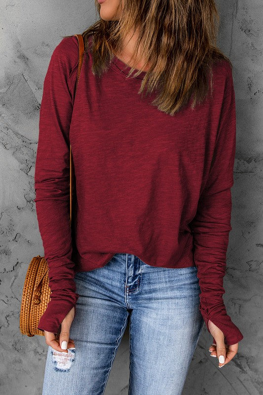 Fiery Red Solid Crew Neck Long Sleeve Top