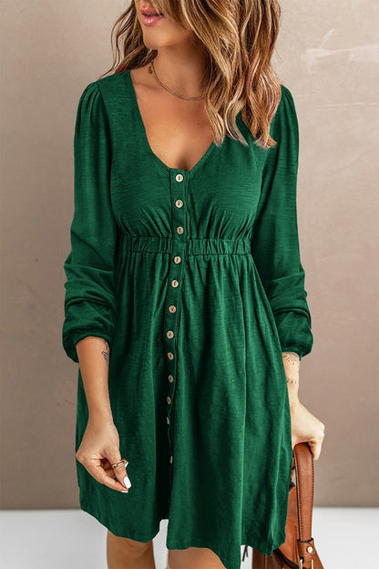 Button Up High Waist Long Sleeve Dress