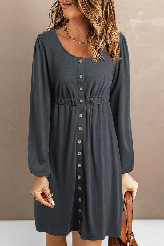 Button Up High Waist Long Sleeve Dress