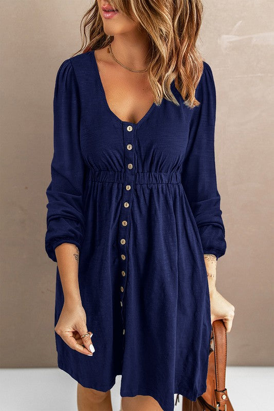 Button Up High Waist Long Sleeve Dress