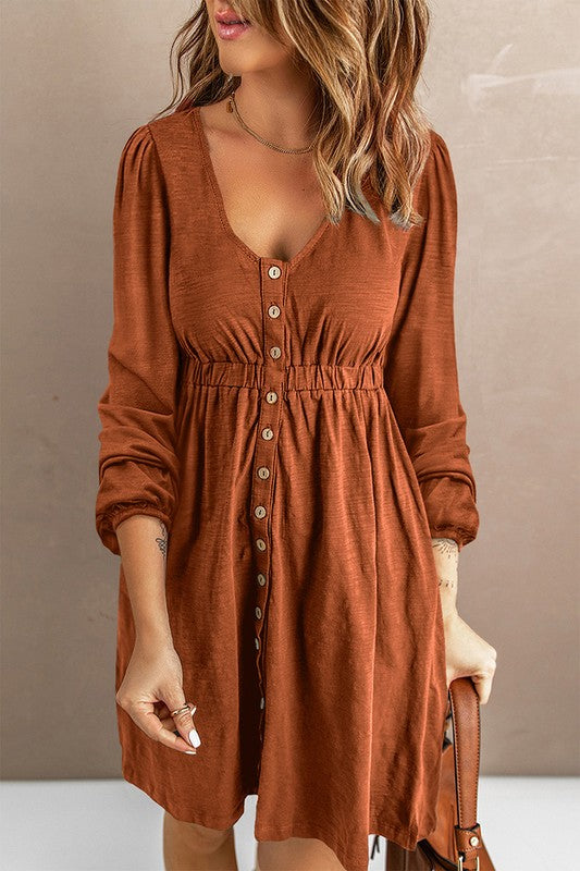 Button Up High Waist Long Sleeve Dress