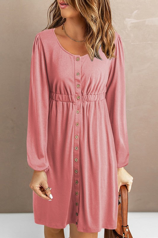 Button Up High Waist Long Sleeve Dress