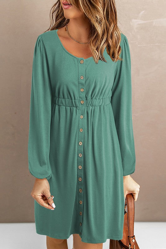 Button Up High Waist Long Sleeve Dress