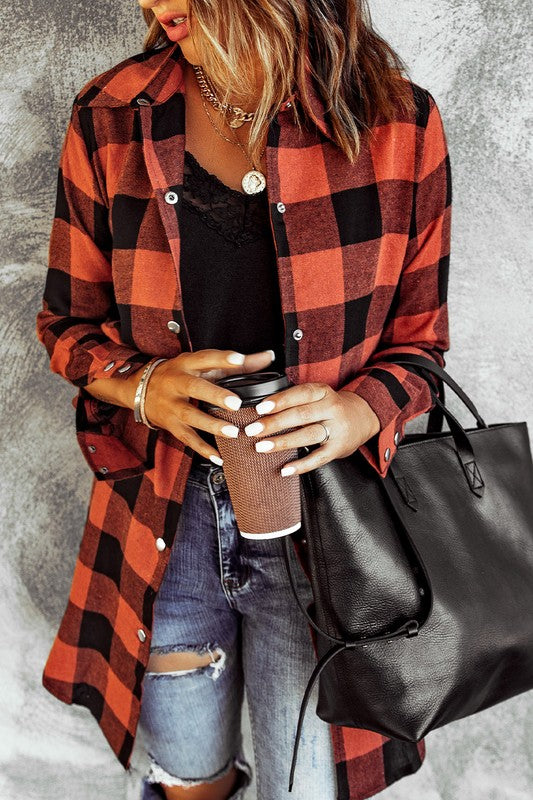 Turn-down Collar Plaid Shirt Coat