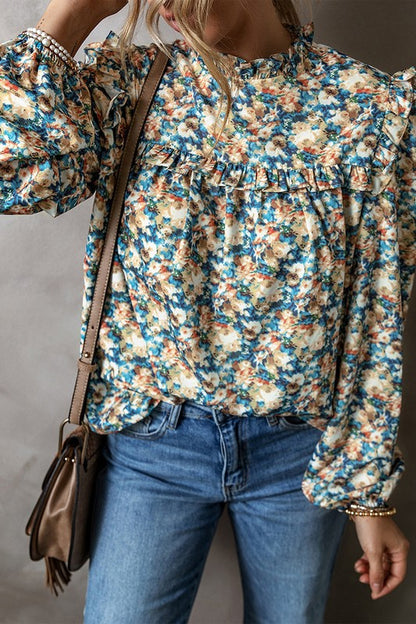 Women Floral Print Mock Neck Puff Sleeve Blouse