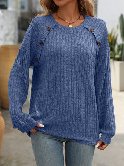 Decor Button Long Sleeve Ribbed Top