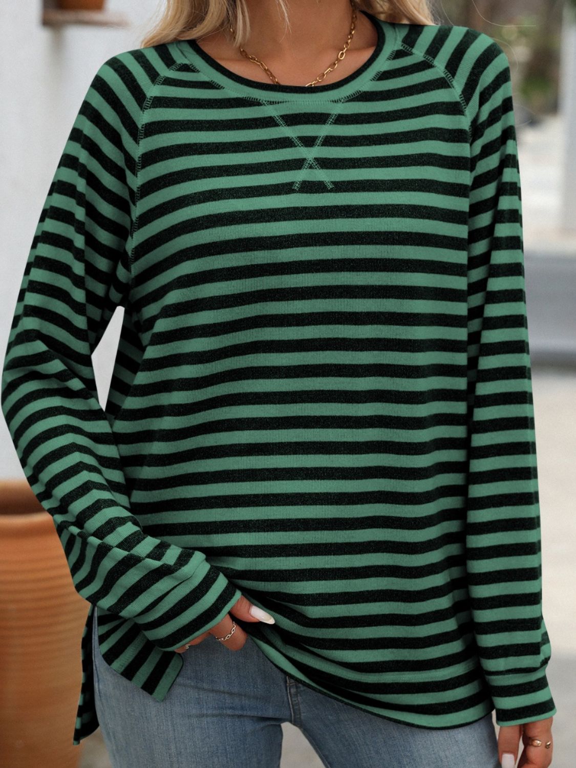 Striped Round Neck Long Sleeve Top