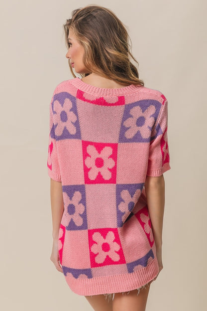 Flower Checker Pattern Short Sleeve Sweater