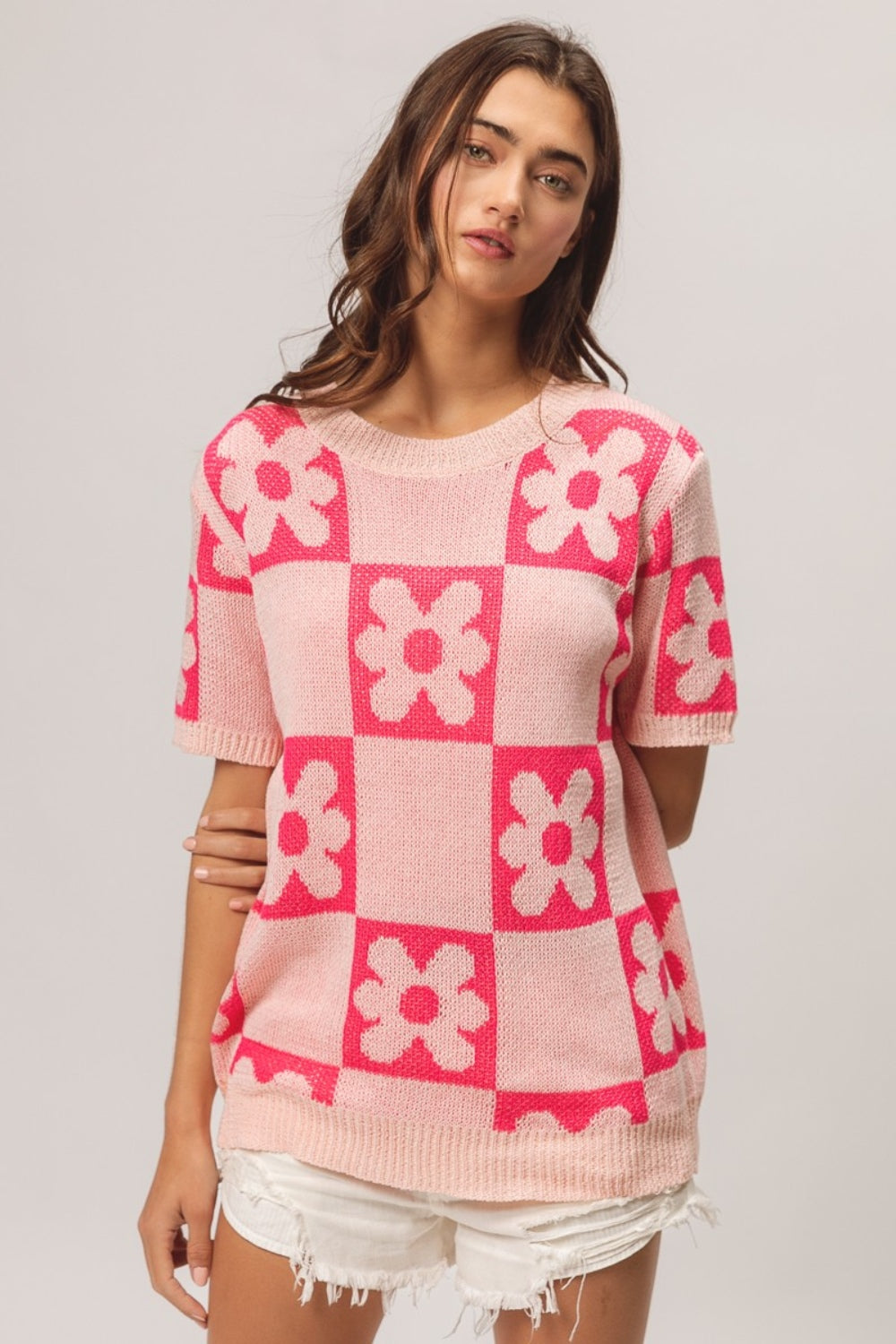 Flower Checker Pattern Short Sleeve Sweater