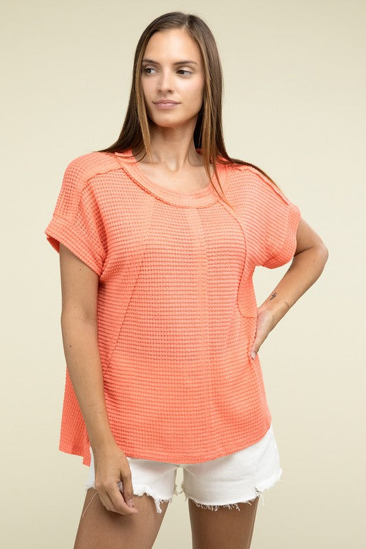 Brushed Waffle Exposed-Seam Short Sleeve Top