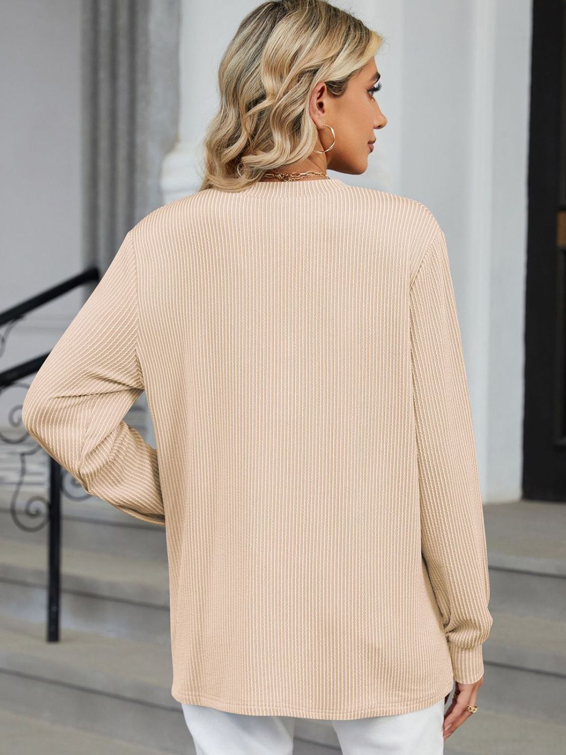 Striped Notched Long Sleeve Top