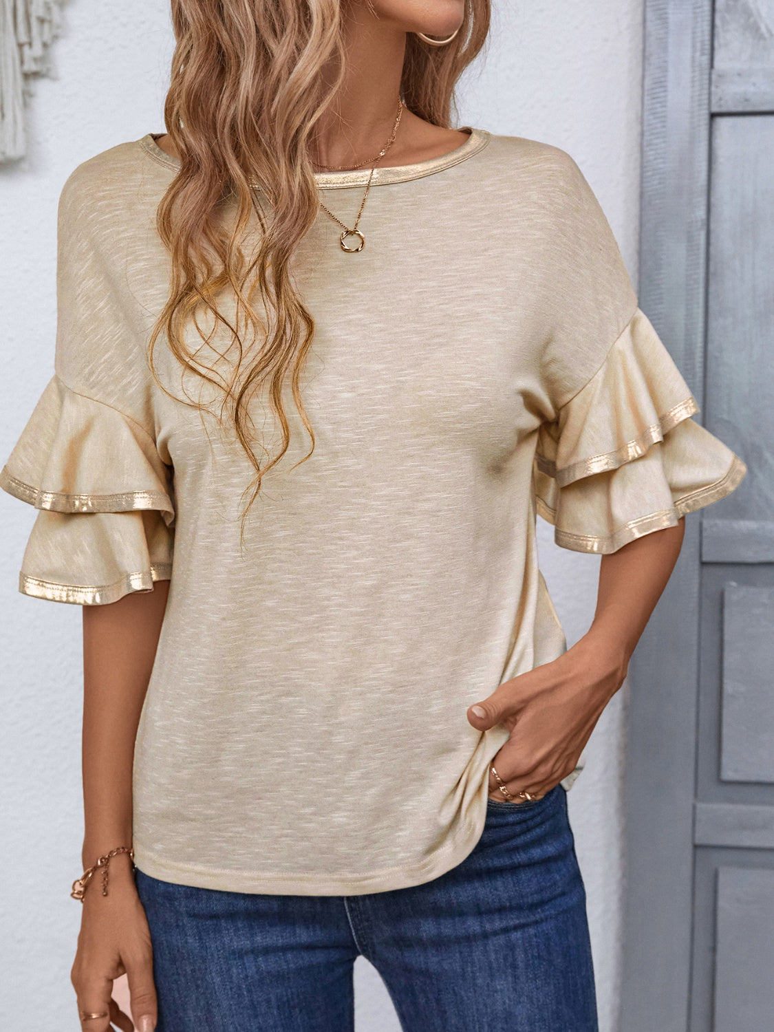 Round Neck Flounce Sleeve Top