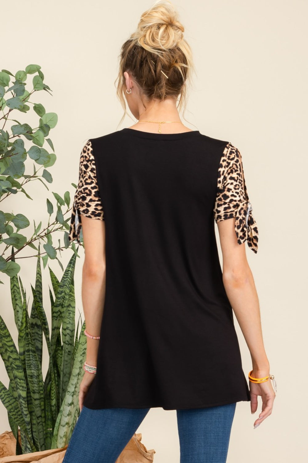 Full Size Open Tie Sleeve Leopard Color Blocked Top