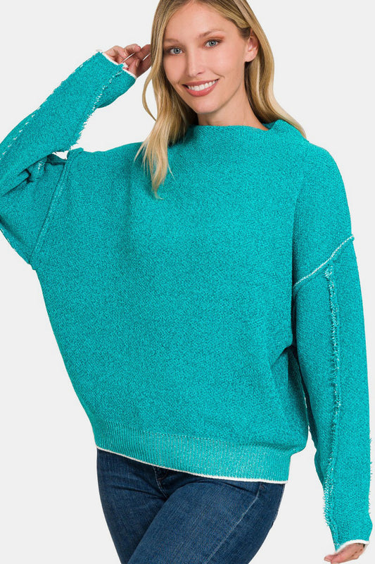 Exposed Seam Mock Neck Long Sleeve Sweater