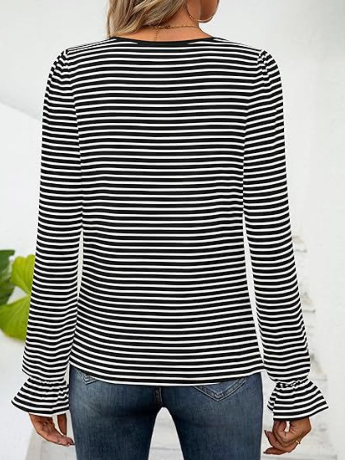 Striped Square Neck Flounce Sleeve Top