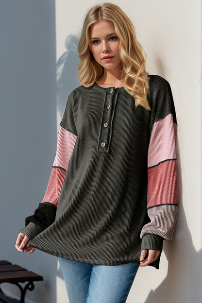 Double Take Full Size Color Block Round Neck Long Sleeve T-Shirt