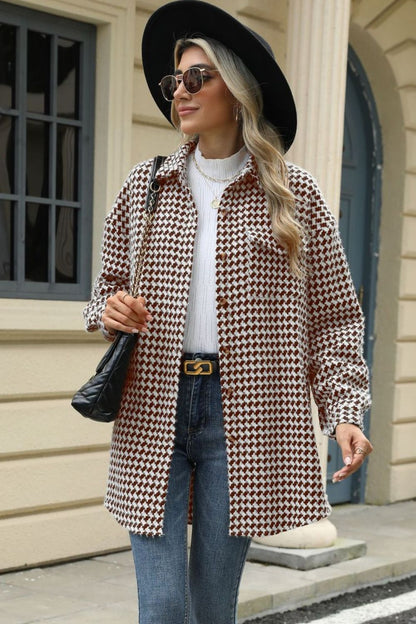 Houndstooth Button Up Dropped Shoulder Coat