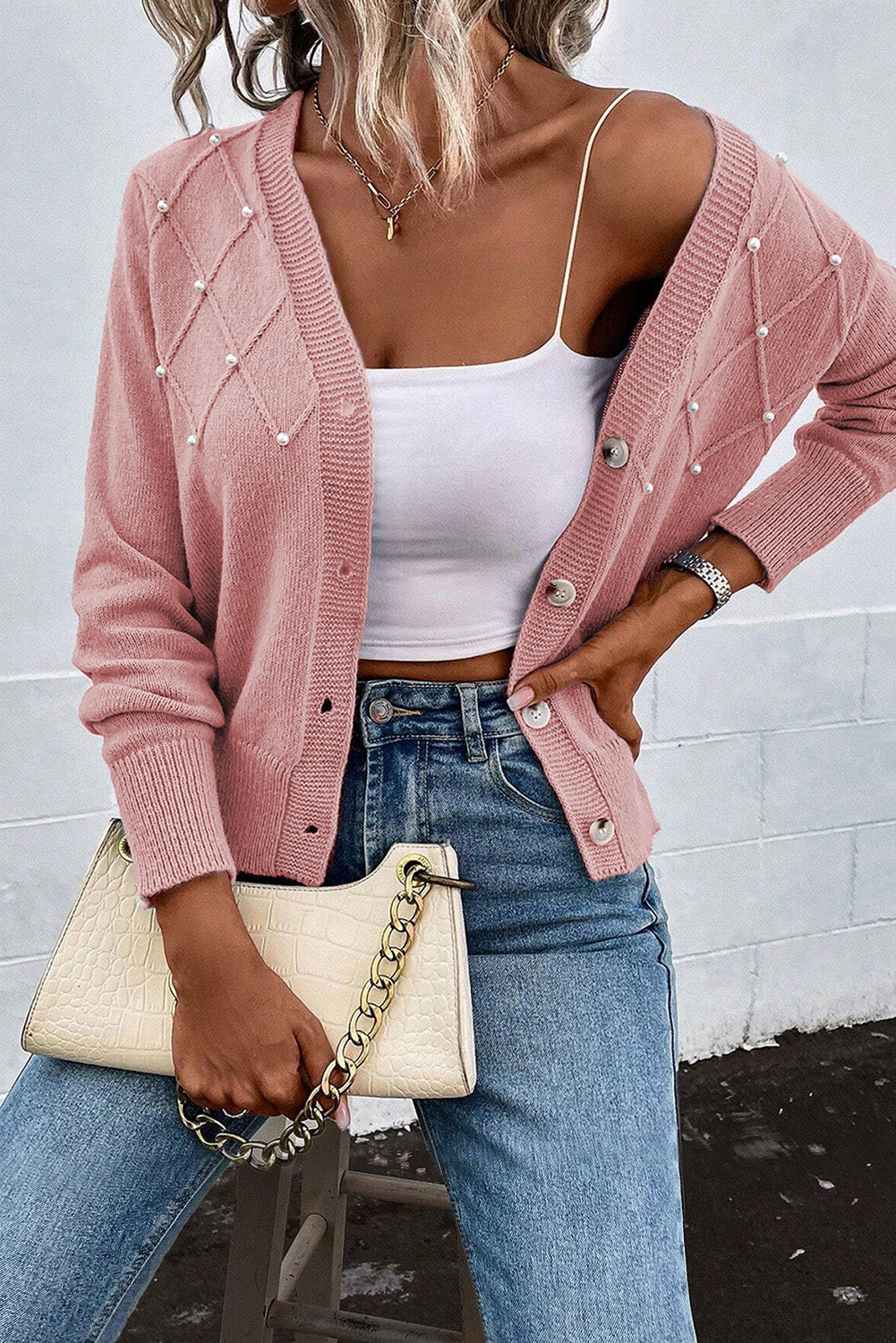 Pearl Trim Button Up Cardigan