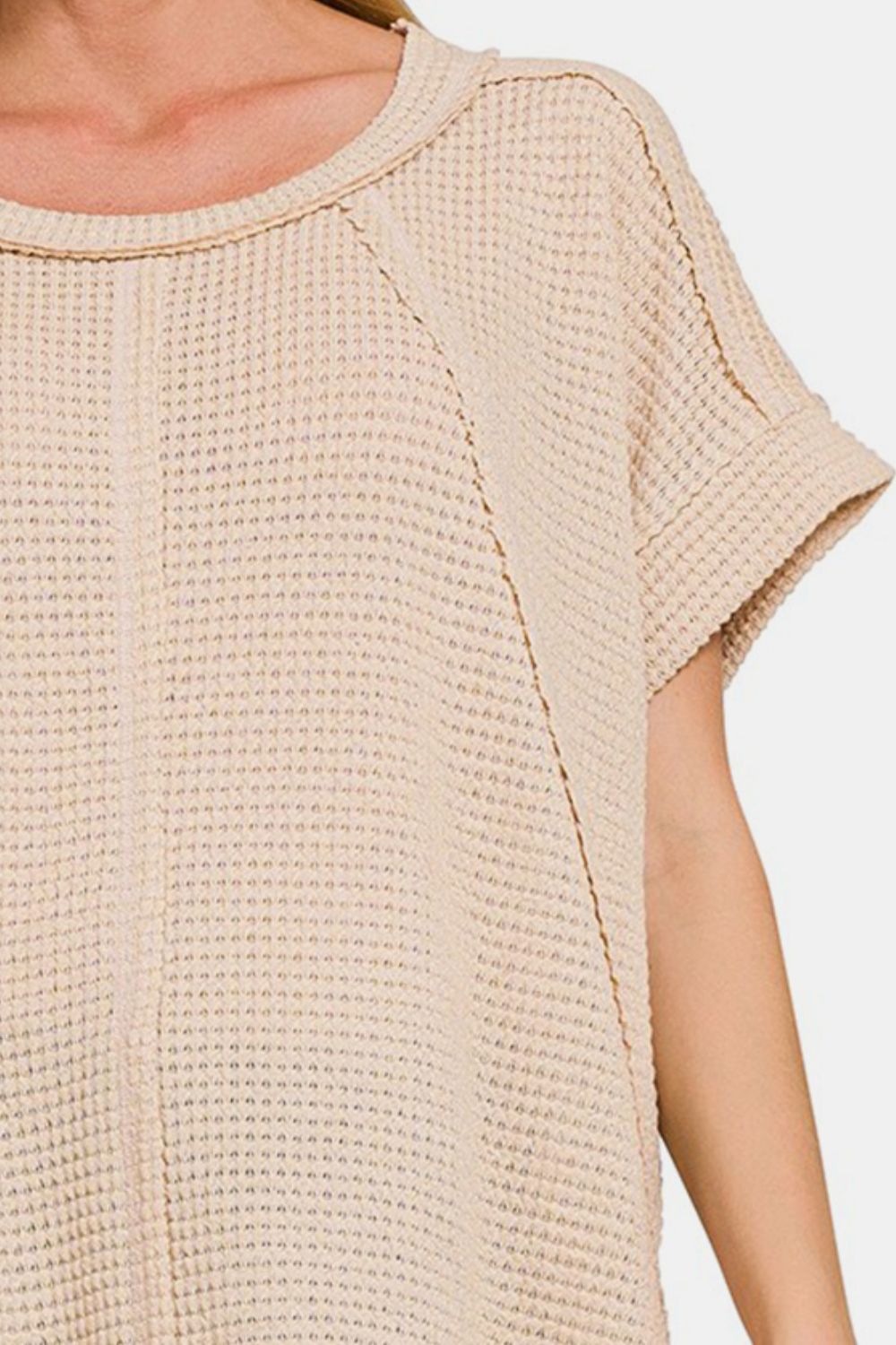 Waffle Exposed-Seam Short Sleeve Top