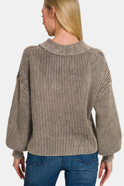 Washed Half Button Long Sleeve Sweater