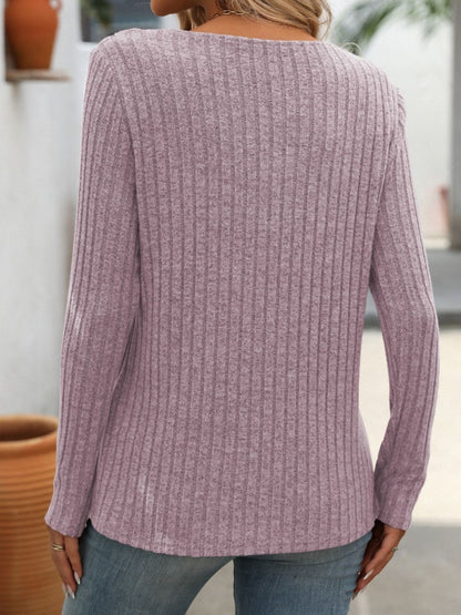 Ribbed V-Neck Long Sleeve Top