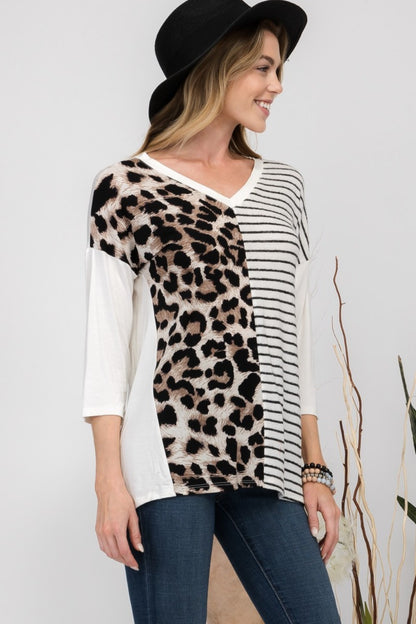 Full Size Front Leopard and Striped Print V-Neck Top