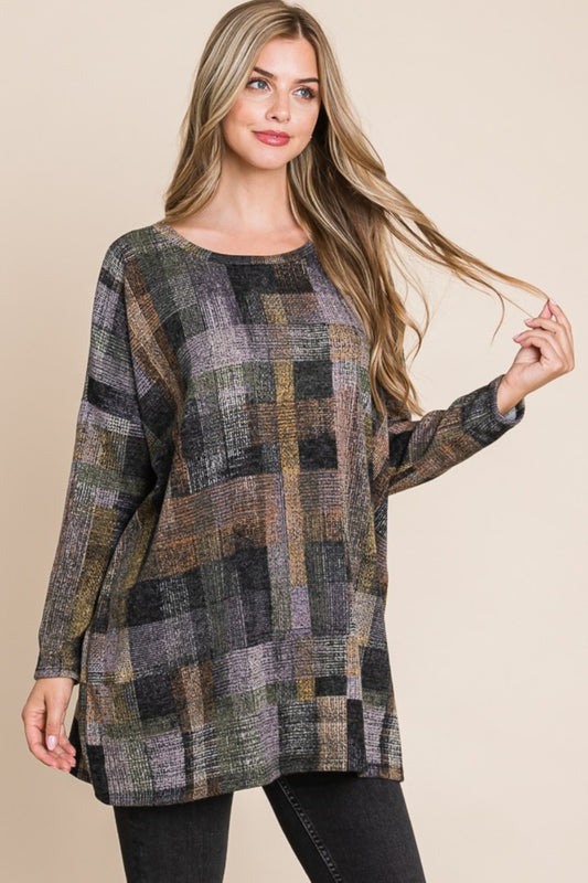 Plaid Round Neck Long Sleeve Top