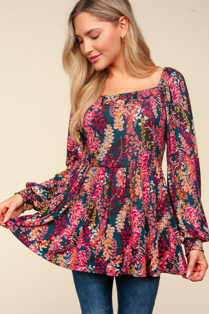 Full Size Peplum Floral Square Neck Blouse