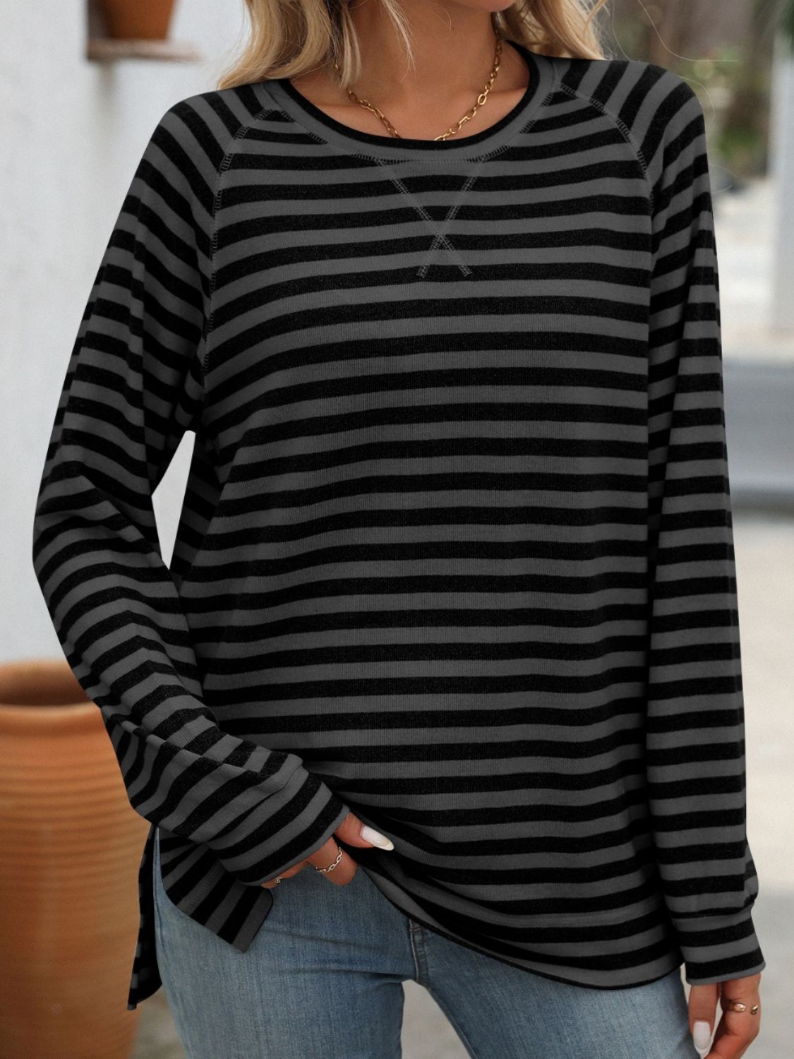 Striped Round Neck Long Sleeve Top