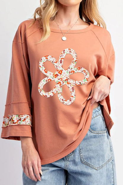 Exposed Seam Slit Floral Round Neck Blouse