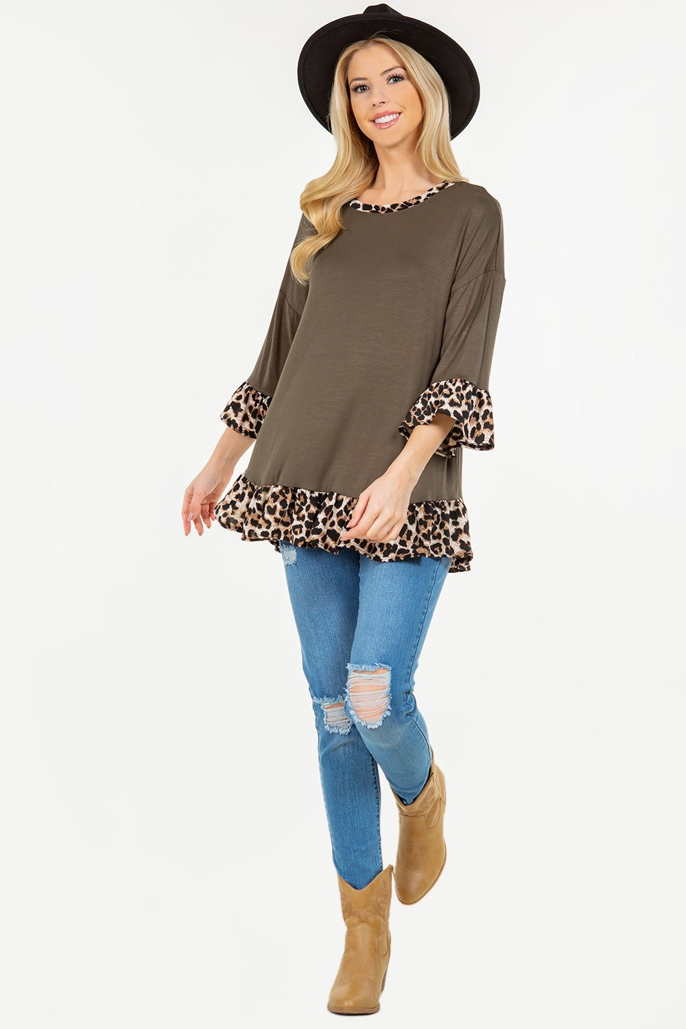 Full Size Flounce Sleeve Leopard Trim Top