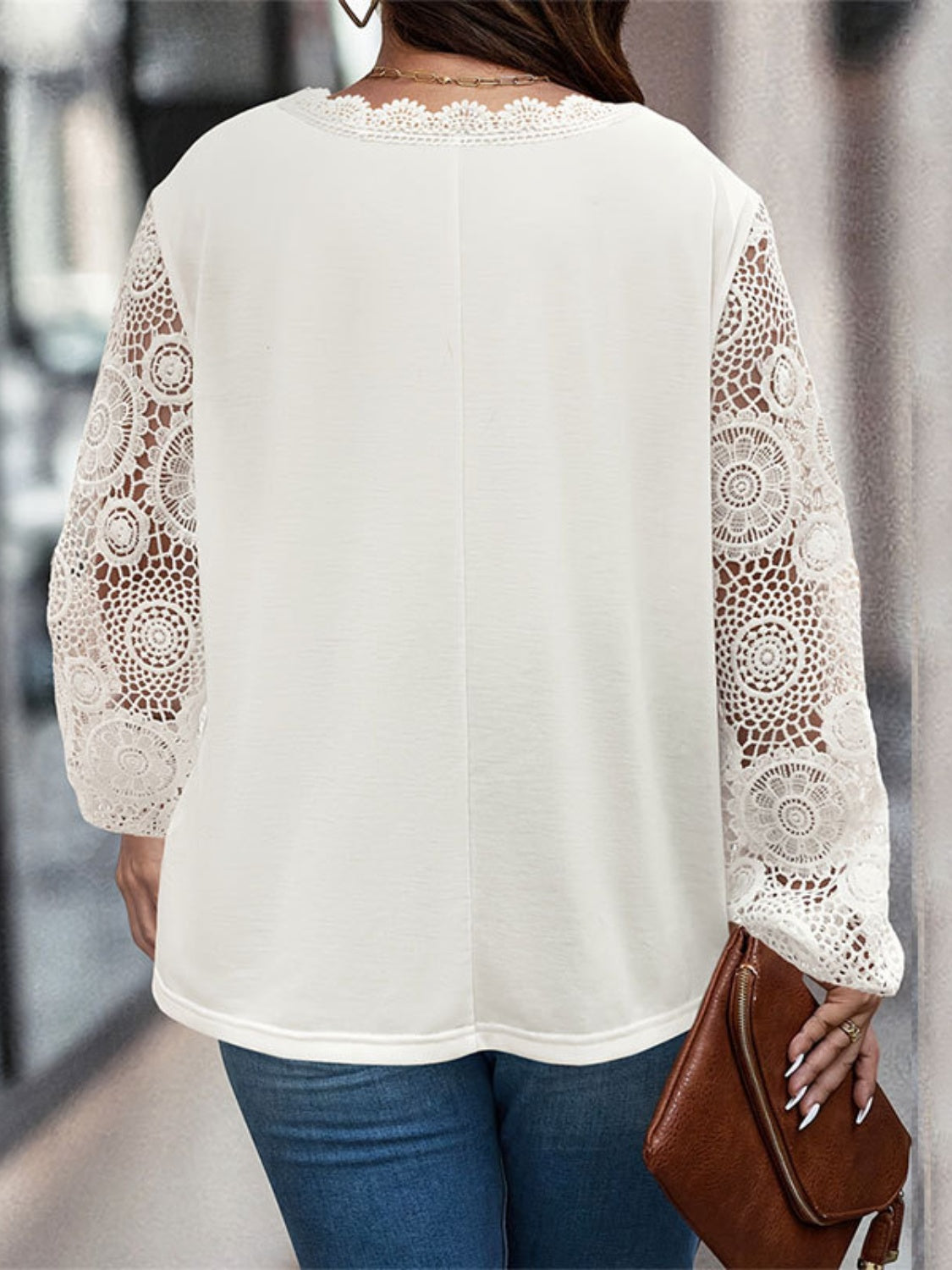 Plus Size Lace Detail V-Neck Long Sleeve Top