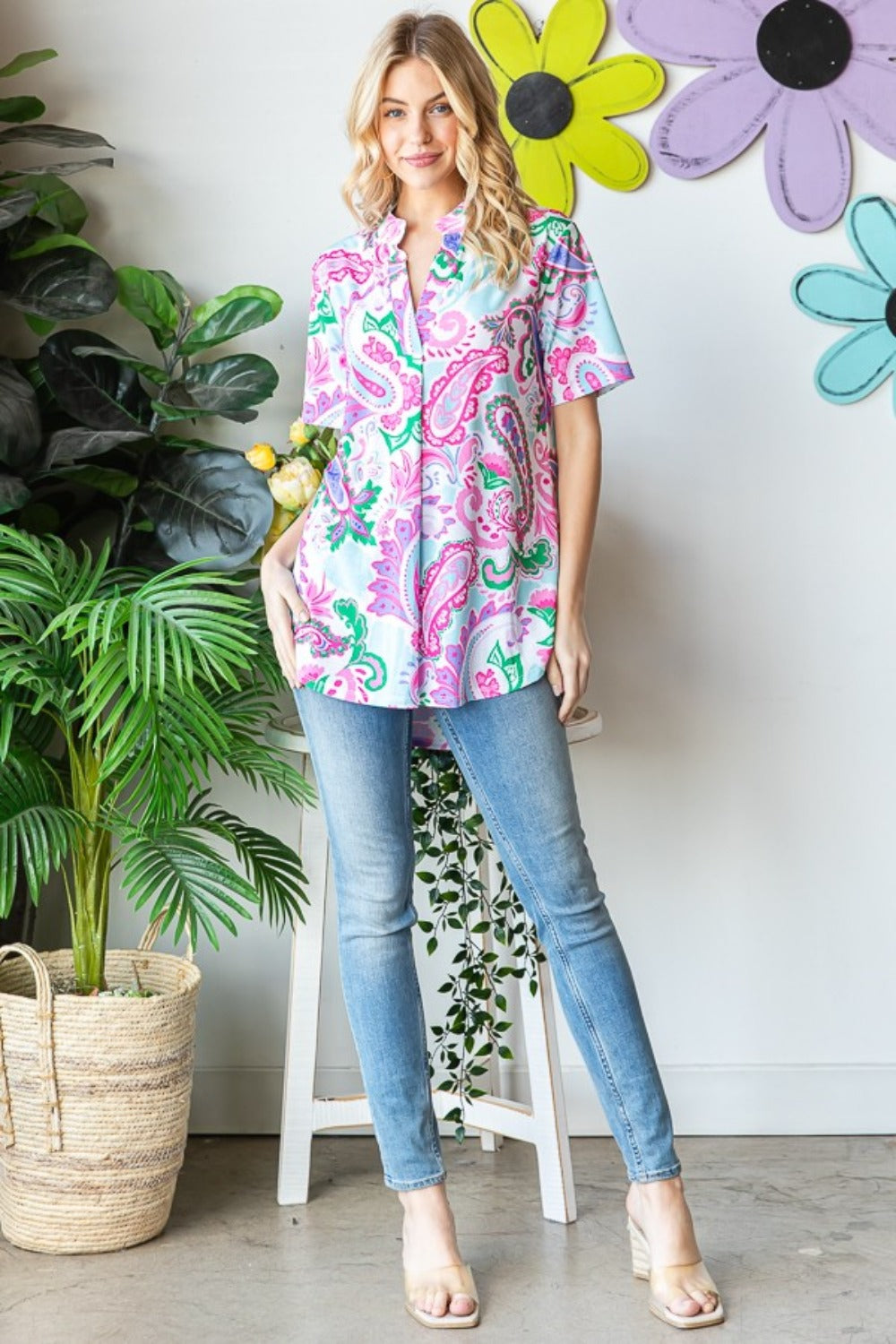 Full Size Paisley Print Short Sleeve Top