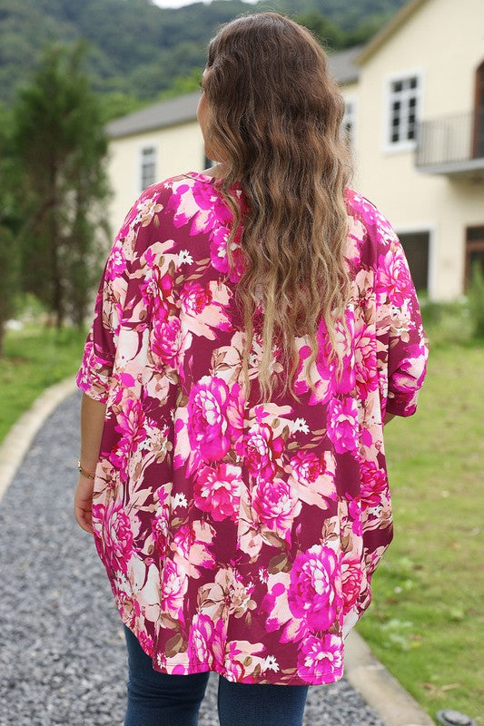 Floral Print Short Sleeve Plus Size Blouse