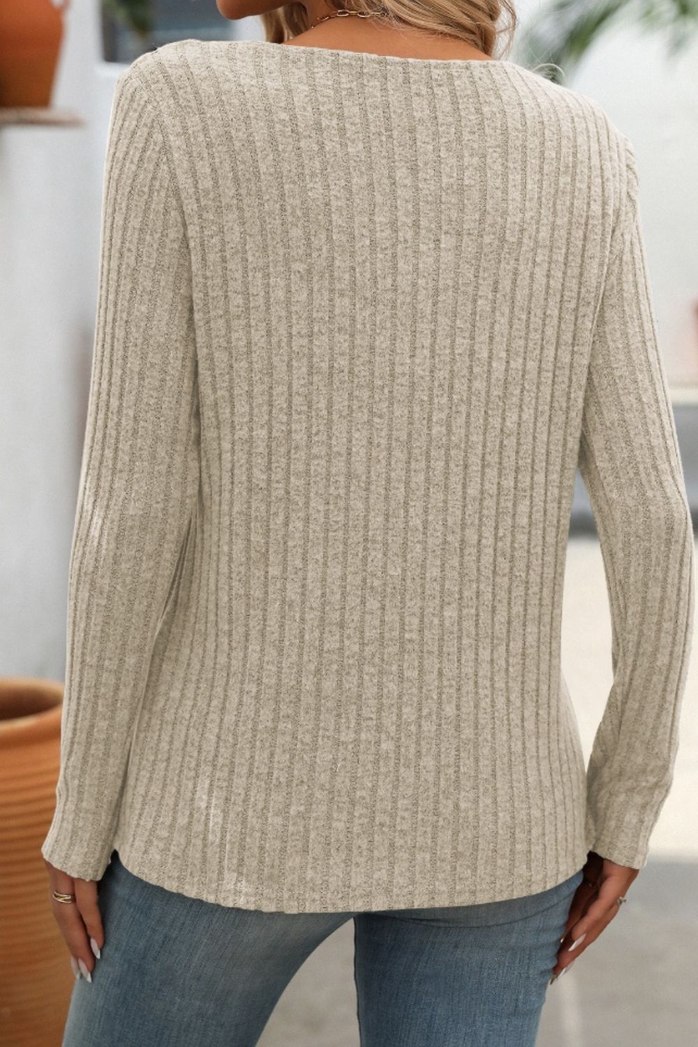 Ribbed V-Neck Long Sleeve Top