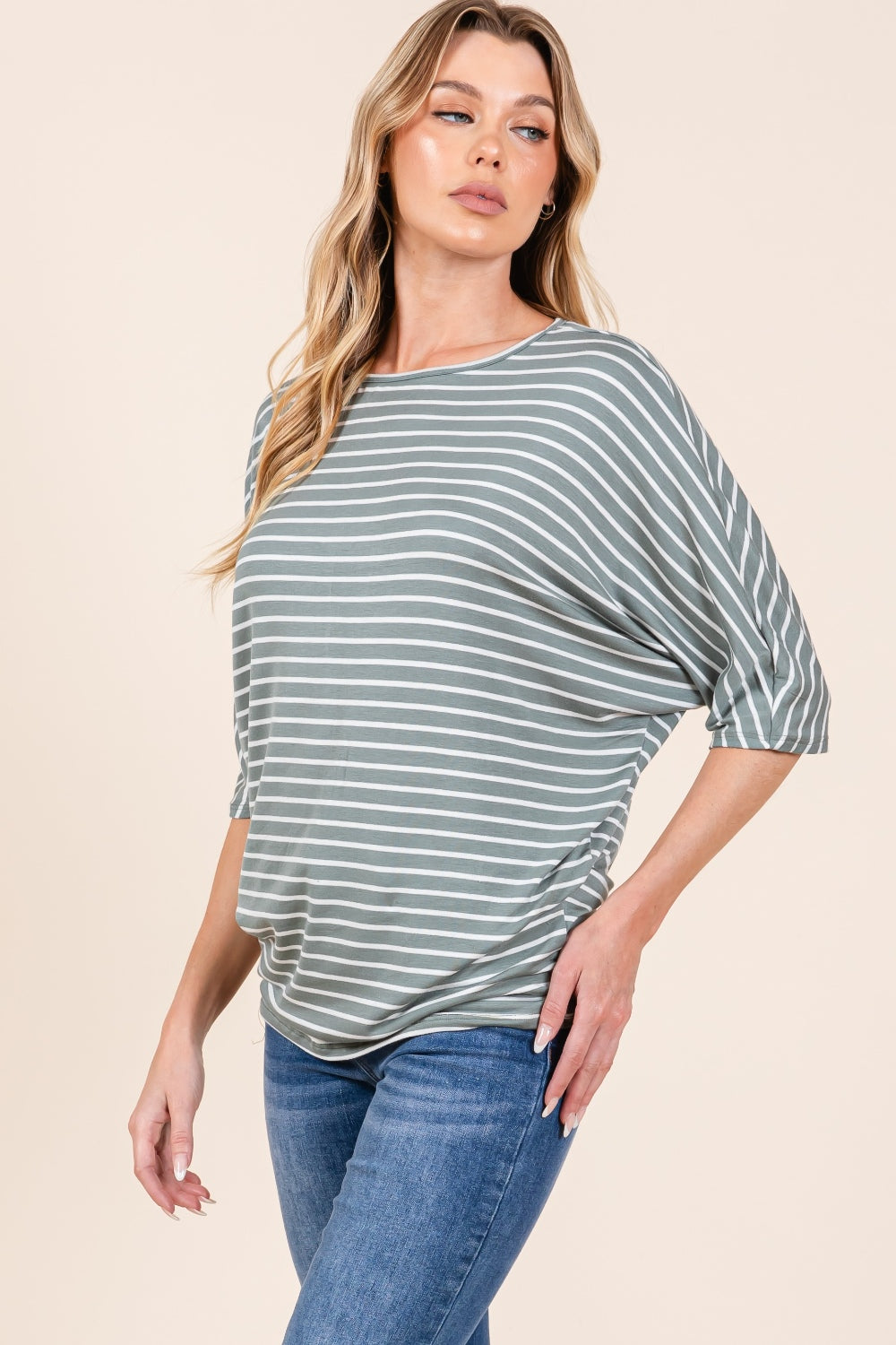 Striped Boat Neck Dolman Sleeve Top