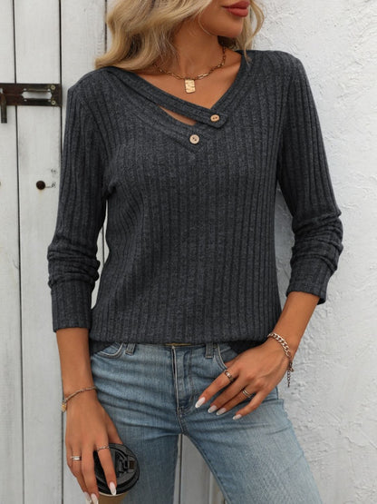 Ribbed V-Neck Long Sleeve Top