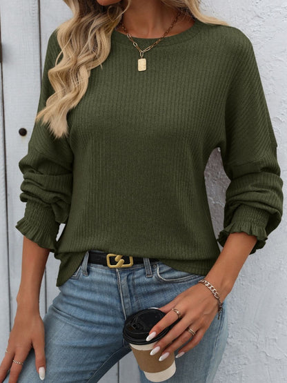 Ribbed Round Neck Long Sleeve Top