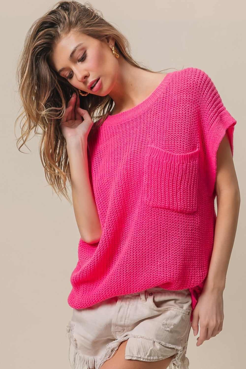 Patch Pocket Short Sleeve Sweater