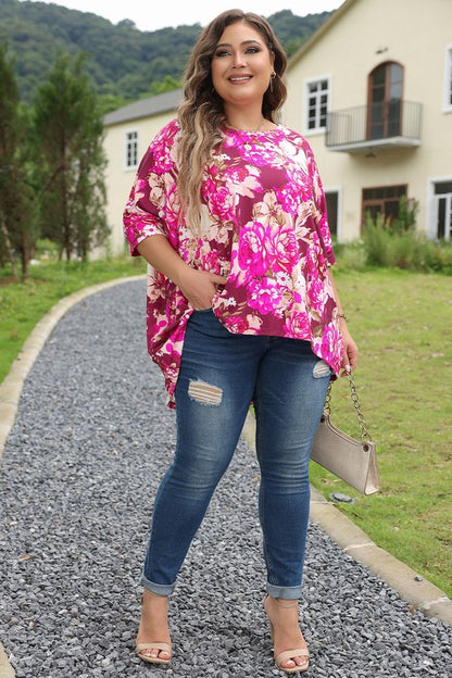 Floral Print Short Sleeve Plus Size Blouse