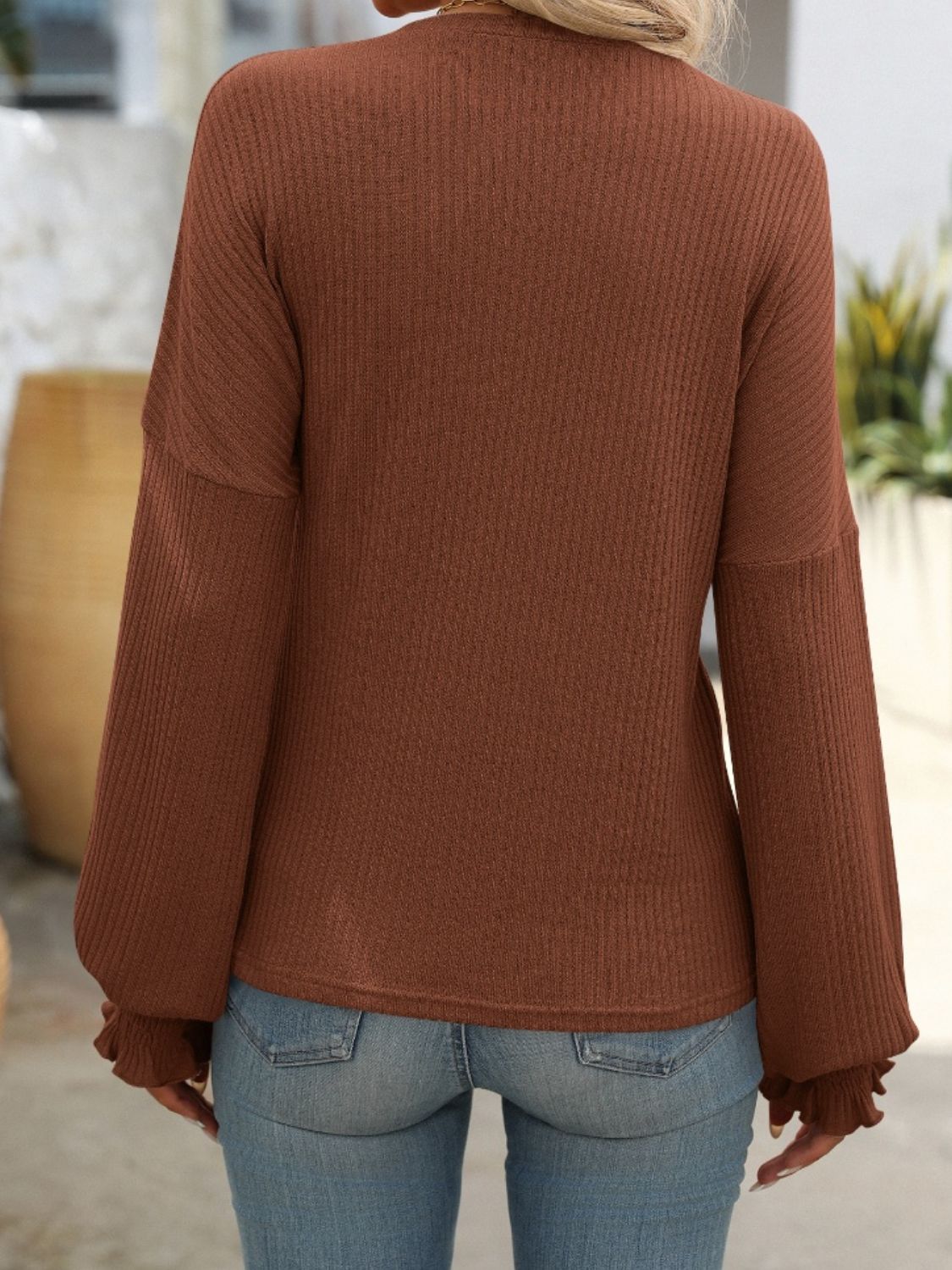 Ribbed Round Neck Long Sleeve Top