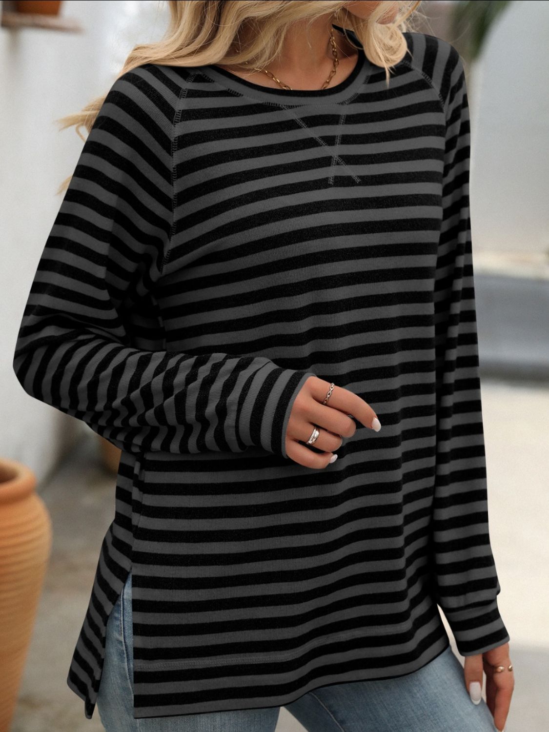 Striped Round Neck Long Sleeve Top