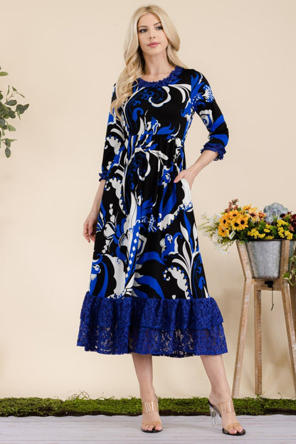 Full Size Paisley Print Lace Ruffled Midi Dress