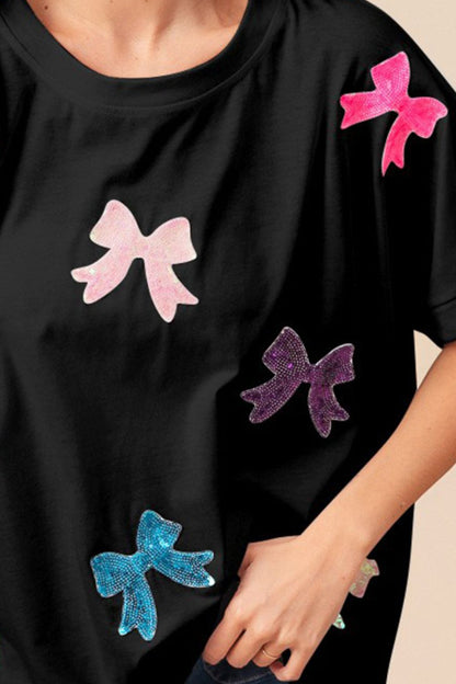 Sequin Bow Patch Short Sleeve Top